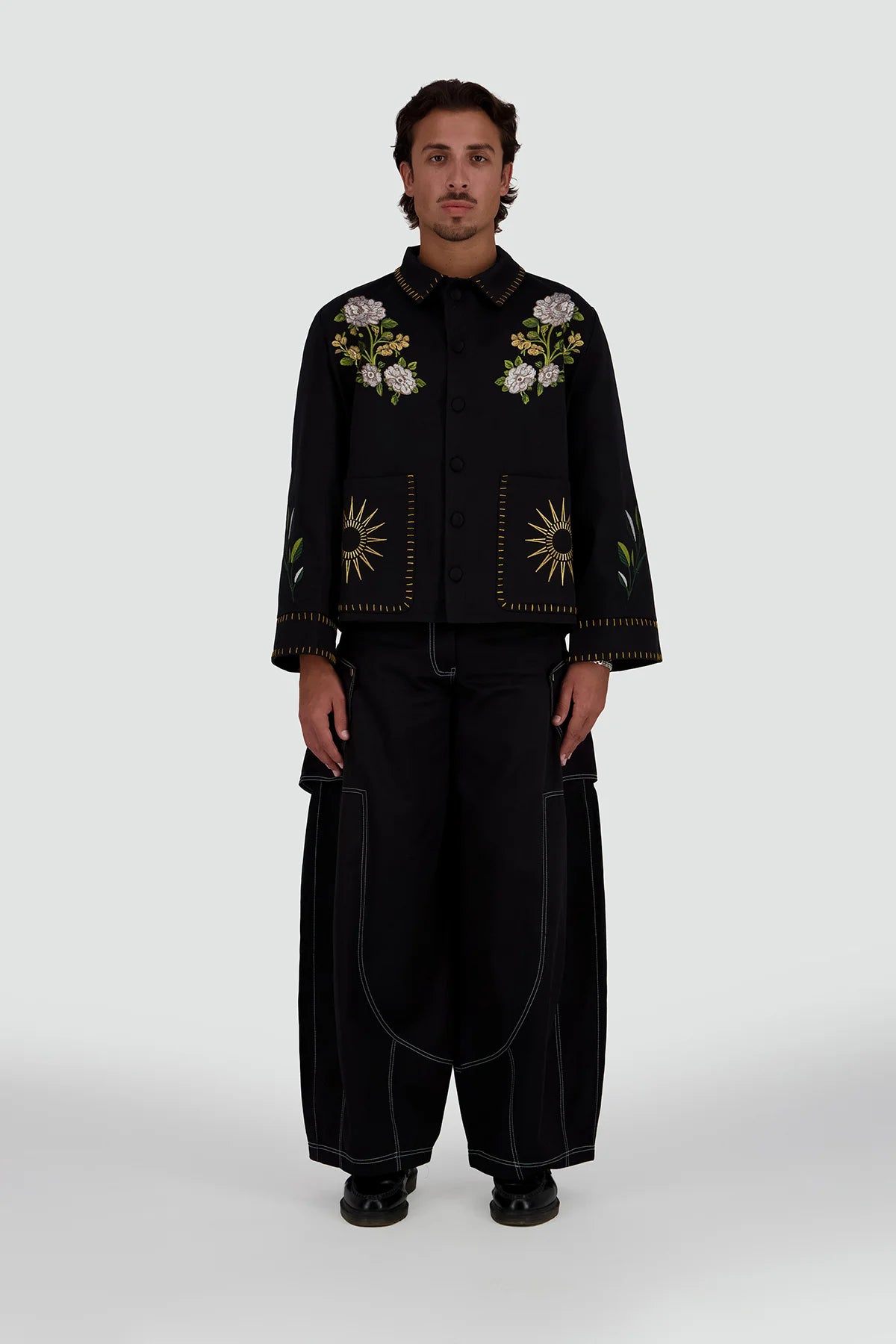 Black Emb Jacket and Utility Wide-Leg Trousers SET