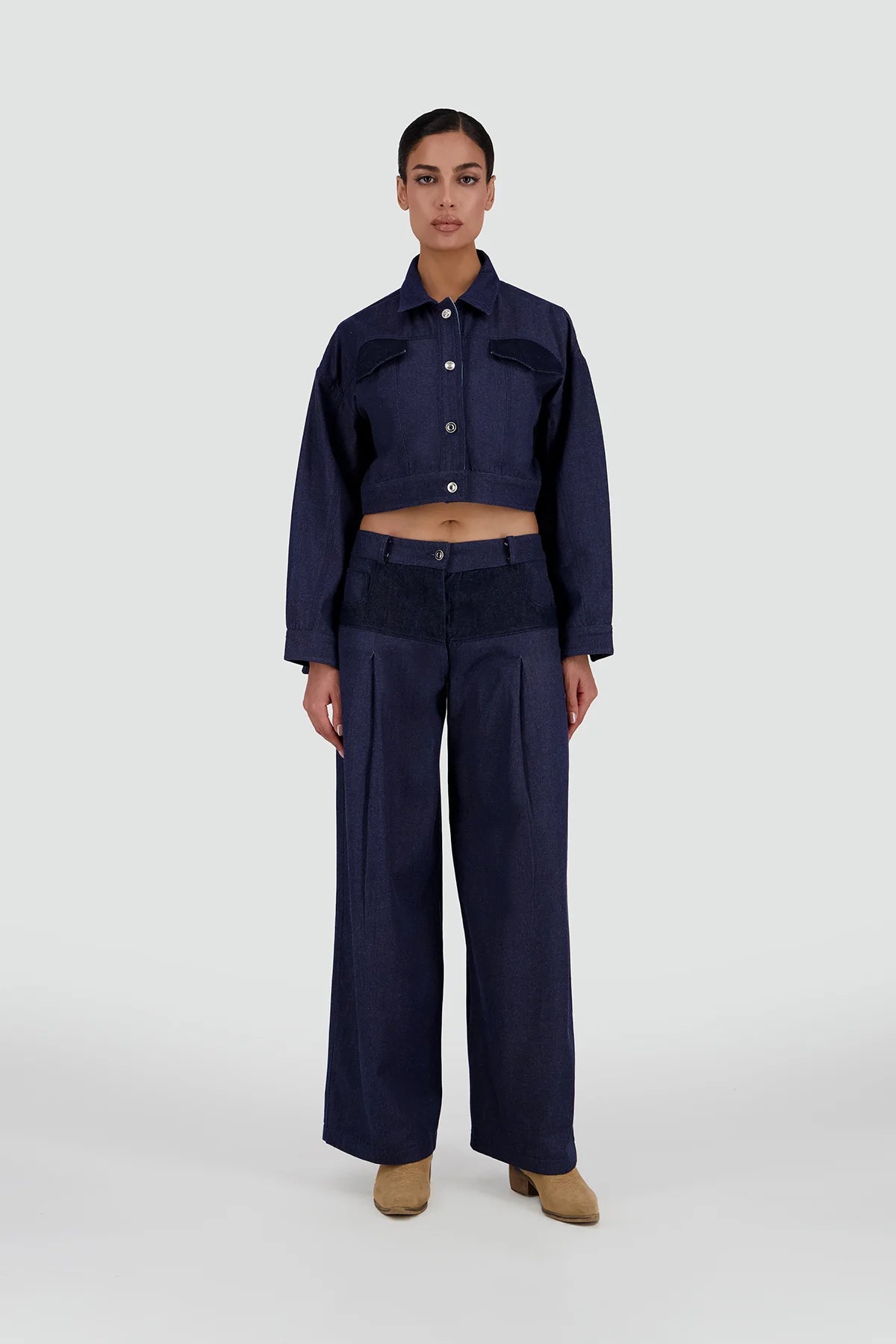 Two-Tone Wide-Leg Denim Trousers